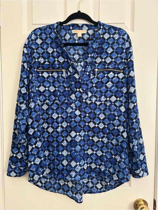 Michael Kors Tops - Michael Kors Blue Geometric Print Long-Sleeve Blouse | Size Large